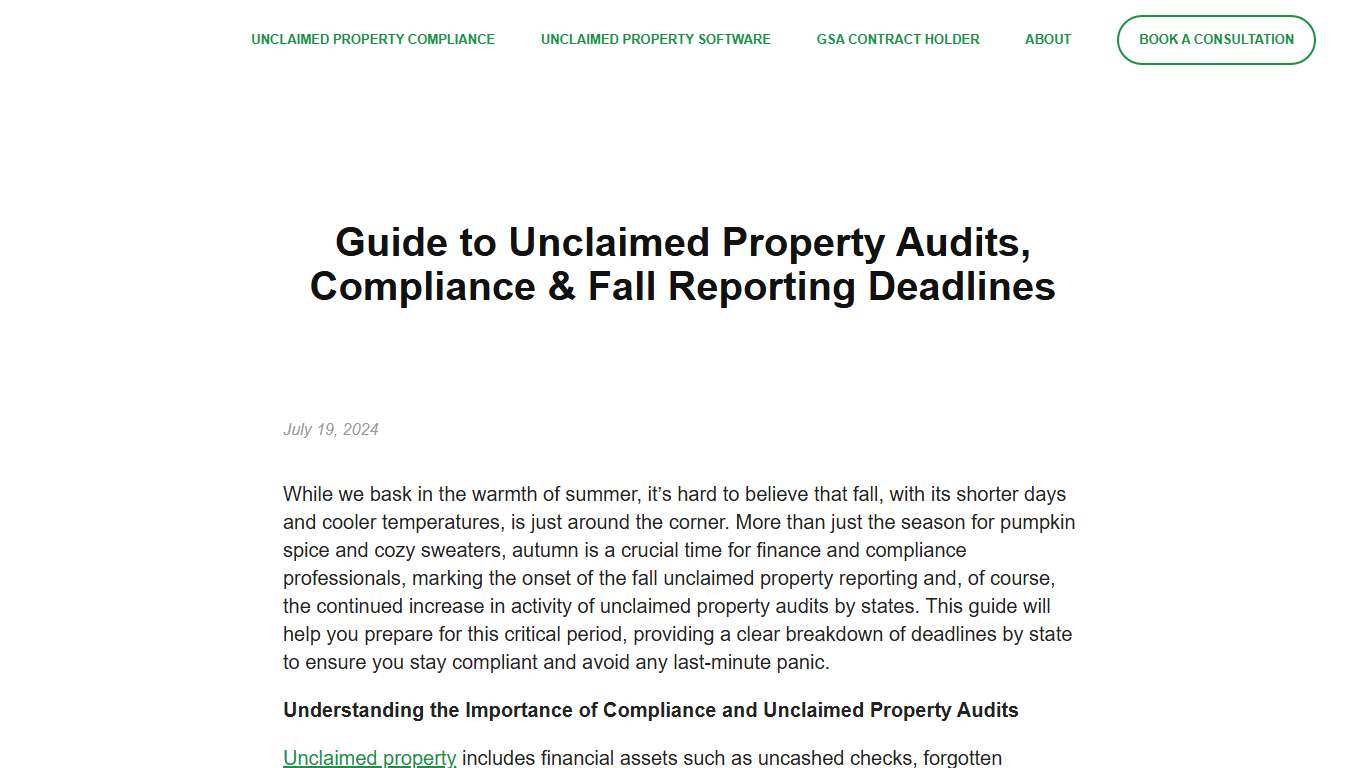 Guide to Unclaimed Property Audits, Compliance & Fall Reporting Deadlines - UPCR - Unclaimed Property Consulting & Reporting