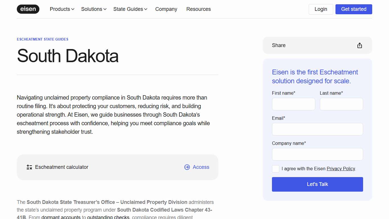 South Dakota Escheatment Guide Eisen