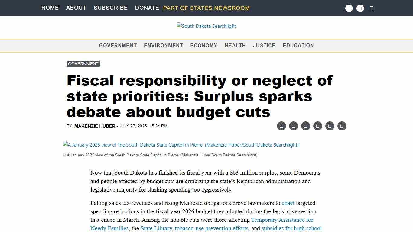 Fiscal responsibility or neglect of state priorities: Surplus sparks debate about budget cuts • South Dakota Searchlight